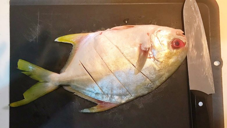 家常红烧金鲳鱼,在鱼身的另一面也斜切3刀，便于入味