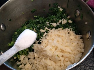 鸡汁荠菜百叶包✨,荠菜跟冬笋，水全部放在一个锅里，加入调味品一小勺盐。