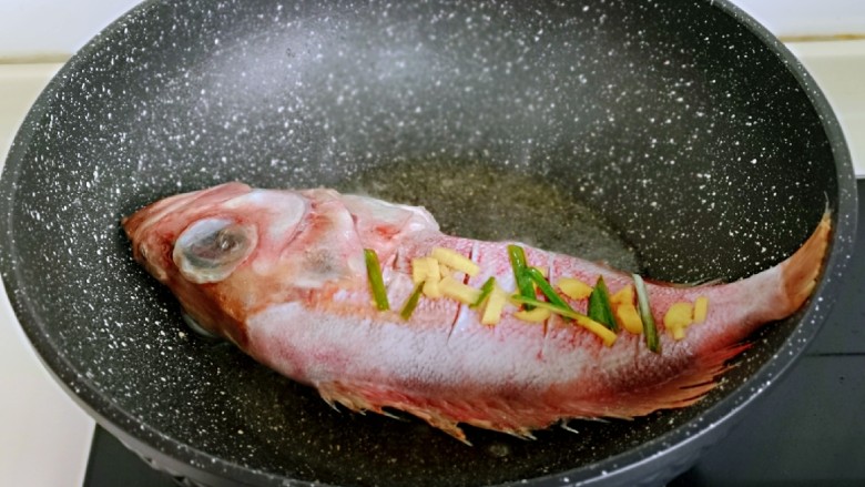 #年年有鱼#红烧红石斑,起油锅，加入腌制好的鱼，两面煎各煎2分钟。(油烧热再放鱼)