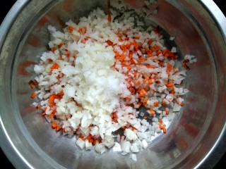 白萝卜胡萝卜素丸子,把胡萝卜碎和白萝卜碎放入盆中，加入适量盐