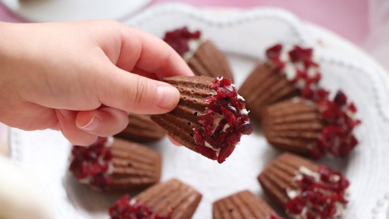 巧克力玛德琳,沾一些巧克力，再撒上蔓越莓粒，就可以了。一会巧克力凝固，就可以食用了。