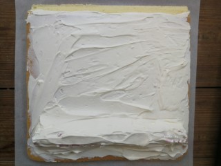 彩绘玫瑰蛋糕卷,再用剩余的淡奶油盖住心型红丝绒蛋糕