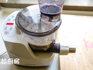 彩色面条,水杯中加入紫甘蓝的汁，水杯安装到位，按一下启动，面条机自动运转，待会就等着出面条了。