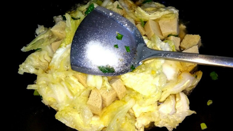 白菜炖冻豆腐,加入适量盐