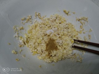 燕麦鸡蛋小饼,搅拌均匀，加入十三香和盐。