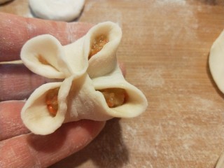 花样四喜蒸饺  新文美食,在对折捏紧，成为四角。
