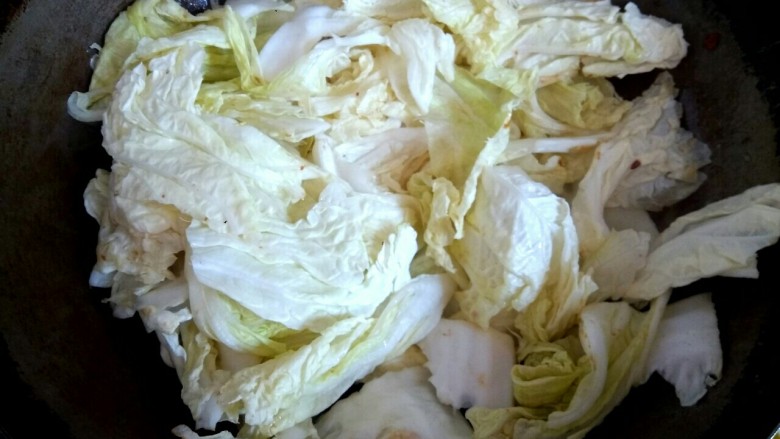 肉沫粉丝烧白菜,锅中放入少量植物油，放入白菜翻炒至变软，加入适量盐