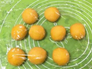 南瓜豆沙味喜饼,分成九个剂子，盖上保鲜膜。