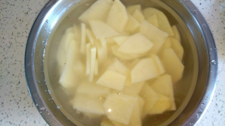 麻辣土豆片,用清水泡一会儿，洗去淀粉，捞出，控干水份