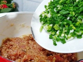 营养早餐【干拌红油抄手】,用筷子顺着一个方向搅打上劲加入葱花。