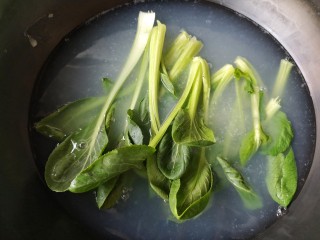 刀削炸酱面,用煮面的汤将油菜下锅汆烫1分钟后捞出。