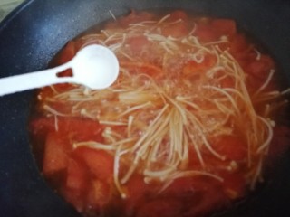 西红柿炖金针菇,放入适量的盐。（可以加入适量的番茄酱调色）