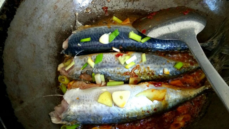 香辣鲅鱼,炒出红油，小心晃动炒锅，使豆瓣酱均匀裹到鲅鱼上