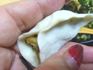 鸡蛋虾皮韭菜饺子,先把中间捏住，在把一边一点一点的捏在一起，在捏另一边。