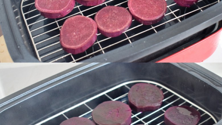 改良版紫薯芝士车轮饼,紫薯削皮切成圆块，放在蒸架上蒸上20分钟