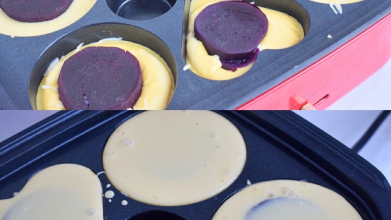 改良版紫薯芝士车轮饼,等面糊开始冒泡并破裂后，就可以翻面了、翻面后，煎个几分钟至焦黄就可以啦