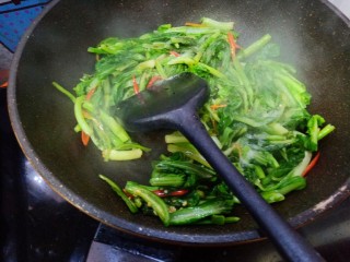 辣炒菜苔,加入少许生抽，盐，味精翻炒均匀，出锅。
