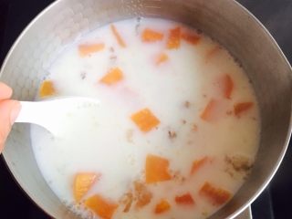 木瓜牛奶炖桃胶,并搅拌均匀