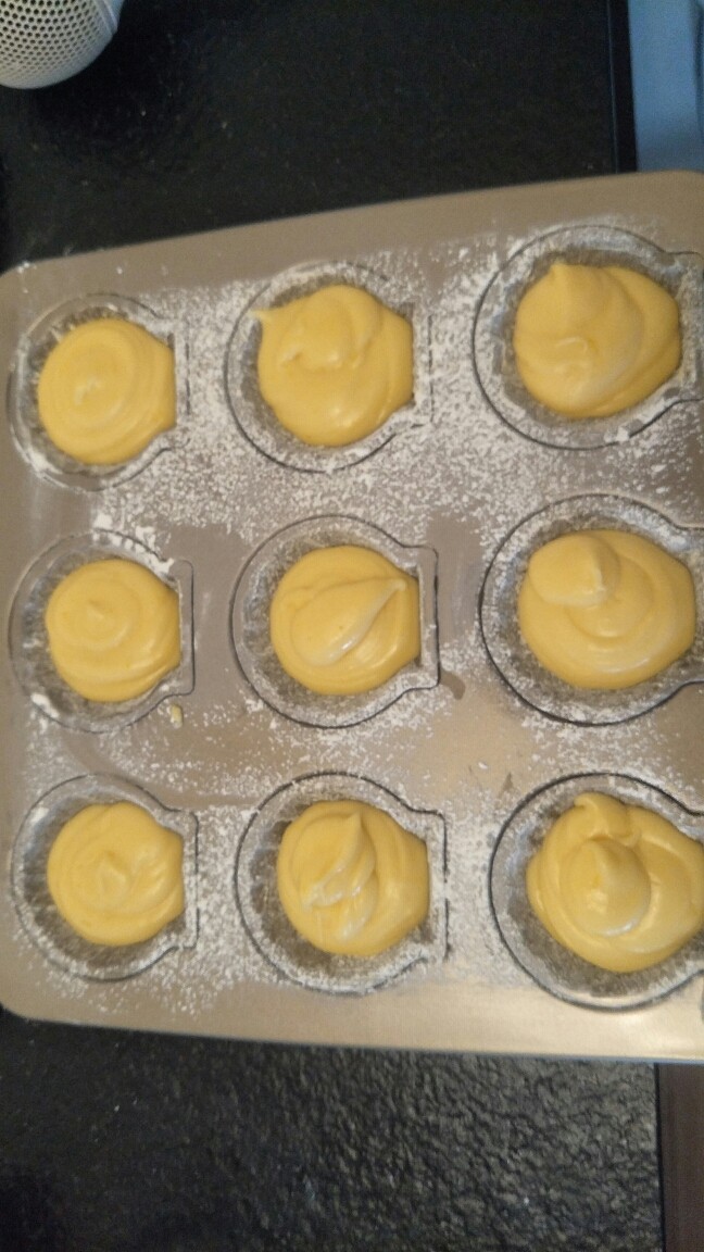 柠檬玛德琳蛋糕-入门级蛋糕,冷藏好的面糊放入裱花袋，即用每个小贝壳模具八分满就可以了。