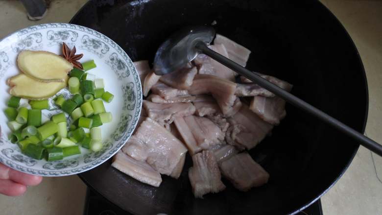东北炖菜：白菜猪肉炖粉条,放葱姜、八角爆香