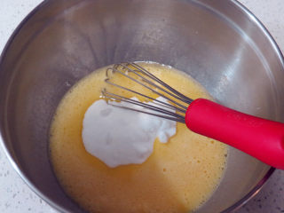 制做简单快捷的下午茶点心【酸奶芒果干麦芬】,鸡蛋打散，加入细砂糖