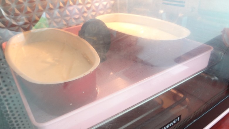 无水酸奶蛋糕,放入预热好的烤箱，烤盘注入冷水模具一半高就可以，中下层110度烘烤100分钟结束焖20分钟左右就可以了