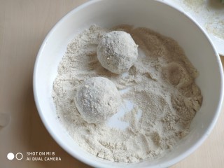 糙米薄皮菜团子,将打湿的团子再放入糙米粉中，继续滚上一层糙米粉。