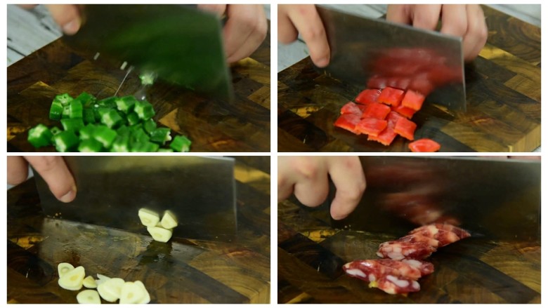 原来秋葵的吃法也很多样哦,把食材切片备用。