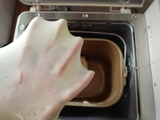 炼乳花环面包,继续揉面18分钟，揉至扩展阶段即可。将面团留在面包机里，发酵30-40分钟左右