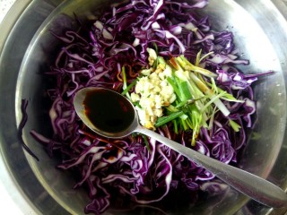 凉拌紫甘蓝,把紫甘蓝丝，葱丝，蒜末放入盆中，加入两勺生抽