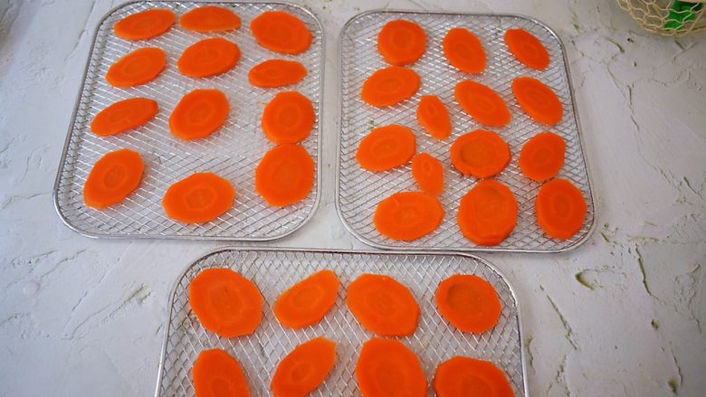 自制胡萝卜干,均匀的把胡萝卜片放入果干机的晾架上，不要叠放在一起