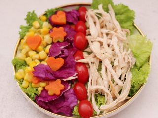 鸡胸肉时蔬沙拉,把鸡胸肉用手撕成细丝后，也码放在盘中。