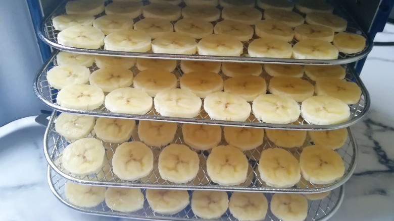 自制香蕉果干,将摆好香蕉片的烤网放入干果机里。