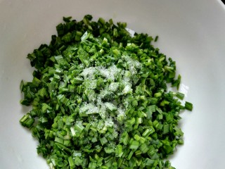 韭菜肉馅煎馄饨,将韭菜切成韭菜末放入适量盐搅拌均匀然后挤出水分
