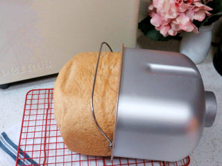 全麦红糖吐司（一键式）+金枪鱼芹菜三明治,带上手套把面包桶取出，面包倒出