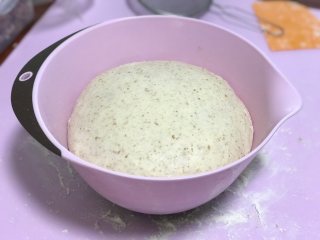 全麦奶酪果仁软欧(老面法）,整形后（圆形）盖上保鲜膜，在温度25-28度的环境发酵至两倍大（大概1-1.5小时）。