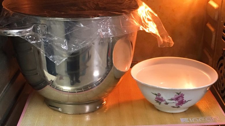 火腿片双吐司,烤箱发酵档，面团送入烤箱发酵60分钟，旁边放一碗热水。