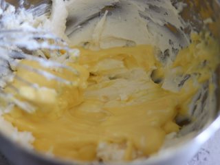 舒芙蕾芝士蛋糕,之后倒入奶酪糊中，用手动打蛋器，搅匀。