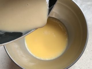 棉花蛋糕,晾凉的面糊分三次加入到蛋黄，每一次都要搅拌均匀后加入下一次。