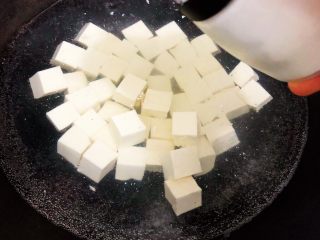 麻婆豆腐,放入切完备好的豆腐丁，加入少许盐（这一步是为了去除豆涩味）