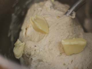 中种谷物吐司,黄油切小块加入面团中，换低速混合材料。混合均匀开中高速继续搅打。