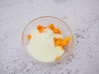 芒果酸奶吐司,把芒果果肉放入容器中，加入酸奶