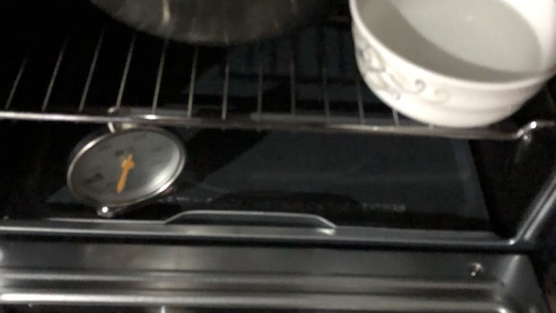 自制豆沙包,放在温暖湿润的地方发酵半个小时。我这里放进烤箱里，旁边放了一碗热水。