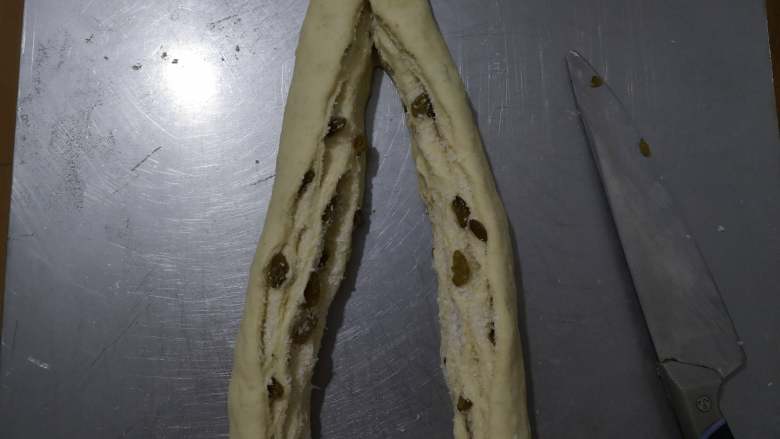 好吃又好看的椰蓉葡萄干吐司,卷好后，用刀将面团分割开，顶部最好不要切断。