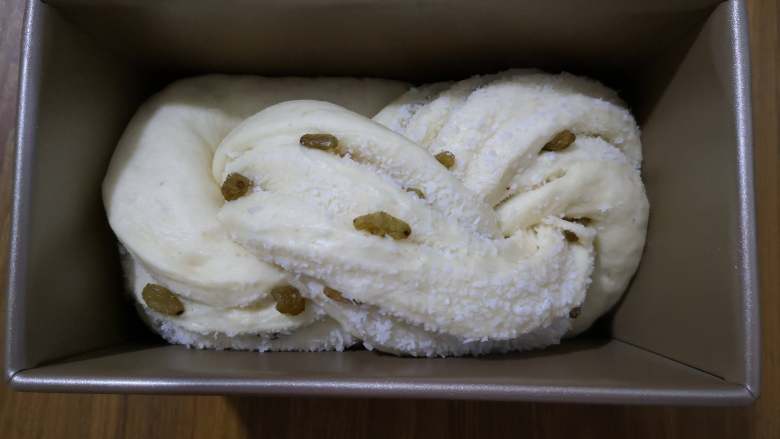 好吃又好看的椰蓉葡萄干吐司,这是发酵好的面包坯，白白胖胖的，很诱人哟。