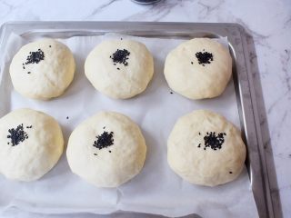 麻薯豆沙饼,发酵好在表面撒上黑芝麻，盖上一张油纸，再盖上一个烤箱