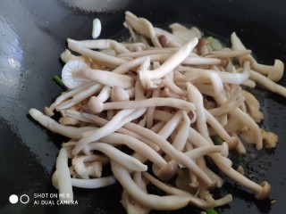 蚝油鸡丝双菇,加入焯好的蘑菇。