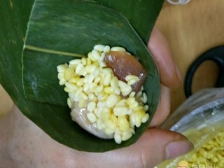 彩色三角粽,然后放半勺绿豆和一块五花肉，肉的上面再放半勺绿豆。
