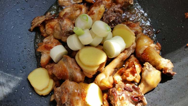 儿时的记忆+妈妈的味道+油鸡土豆炖粉条,加入葱和姜片，炒出香味后，把鸡肉倒入高压锅中，用高压锅煮鸡肉，可以快速成熟。