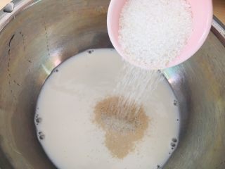 奶香小馒头,酵母和白糖加入牛奶里。